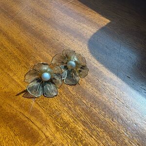 Anthropologie Gold Flower Earrings with Pearl Center